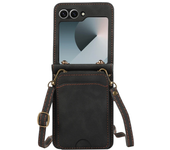 Leather Wallet Card Holder Case for Samsung Galaxy Z Flip 6 5 4 3 ZFlip Flip6 Flip5 Flip4 Flip3 with Crossbody Lanyard Bag Cover