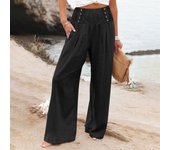 Summer Cotton Linen Wide Leg Pants Women Loose Palazzo Pant Pocket Elastic Waist Button Casual Pant Pants for Women Women’s Pant