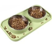 Cuencos de comida para perros y Gatos, cuencos para Gatos con tapetes de silicona antideslizantes y antideslizes con soporte, Platos De Comida y Agua de Maple inoxidable para Gatos y Perros Pequeños. Verde Oliva