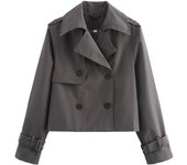 New Autumn Women Solid Cropped Trench Coat Vintage Double Breasted Long Sleeve Short Jacket Lapel Collar Windbreaker