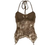 Sweetown Retro Forest Green Vintage Print Boho Y2K Camisole Backless Halter Tie Asymmetrical Tops Women Summer Vacation Clothing