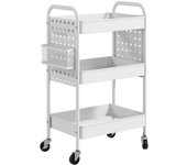 HOMCOM Carrito Auxiliar con Ruedas de Acero Carrito de Almacenamiento con 3 Cestas 2 Cajas Colgantes y 6 Ganchos para Salón Cocina Baño 53,5x30,5x75 cm Blanco