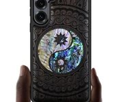 Funda magnética de madera para Galaxy S25+/S25 Plus, con grabado artesanal de madera e incrustaciones de concha, compatible con cargadores inalámbricos MagSafe (Flores y pájaro) en madera negra.