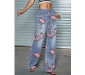 2023 Fashion Vintage StreetWear Floral Print Straight Leg Jeans High Waist Diagonal Pockets Wide Leg Denim Pants Mujer