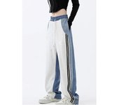 Spliced Wide Leg Pants, Elastic Waist Design, Color Matching Pocket, High Waist, Straight Leg, Casual Pants, Spring, New, 2024