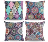 Juego de 4 fundas de cojín decorativas, cojines de sofá, funda de cojín boho de lino, decoración mandala, 45 x 45 cm