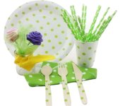 Kit de fiesta vajilla desechable platos cubiertos vasos lunares verdes Decomac