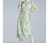 EVNISI Women Chic Green Floral Printing Chiffon Dress Elegant Natural Silk Ruffles Fairy Dresses Women Party Vestido 2024 Autumn