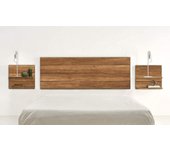 CAMA EXPRESS Cabecero Madera natural y negro + 2 mesitas con estantes | Combinado Madera Maciza Natural Encerado y Fondo Negro