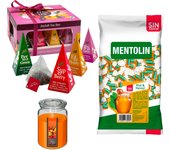 Pack surtido: MENTOLIN MIEL MENTOL S/A BOLSA 1KG + Vela Perfumada de Frutas Exóticas 510g  + WELL HOME - Caja de Té Joyfull con variedad de sabores