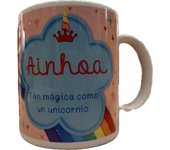 Solo Recuerdos SL Taza Mug con nombre personalizado Hecho en España diseño unicornio en caja cartón, apto para microondas y lavavajillas, personalizable en castellano, catalán-castellano, euskera-castellano y gallego-castellano.