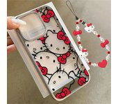 Full Screen Red Hello Kitty Face Bow Strap Phone Case For iPhone 15 14 13 12 11 Pro Max XR XS MAX 7 8Plus Y2K Girl Cartoon Cover