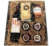 Estuche para regalo con vino tinto Rioja con pates de Iberitos, aceitunas Lou y cremas de quesos y colines Deliex delicias de Extremadura
