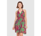 Vestido corto con escote halter, tirantes al cuello, escote en pico, estampado tropical, ceñido en la cintura y falda de capa… INSIDE