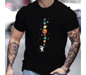 Men's 100% pure cotton summer loose size astronaut planet pattern print casual comfortable round neck short sleeved T-shirt top