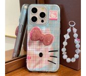 Hello Kitty Korea Grid Pattern Mirror Bow Strap Phone Case For iPhone 16 15 14 13 12 11 Pro Max XR XS MAX 7 8Plus MINI Y2K Cover