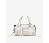 Bosanova Bolso de mano estilo bowling para mujer con detalle de cremallera frontal y tachas decorativas. Asas de mano y asa de cruzar. Cierre con cremallera.