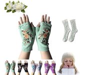 Guantes bordados a mano Guantes de punto para mujer Guantes de flores, guantes sin dedos bordados a mano
