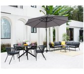 Vente-unique - Mesa y sillas de jardín de aluminio y cuerda: una mesa redonda D. 120 cm y 4 sillones apilables - Antracita - PORTOFINO de MYLIA