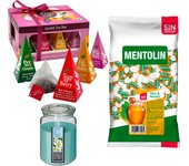 Pack surtido: MENTOLIN MIEL MENTOL S/A BOLSA 1KG + WELL HOME - Vela perfumada con flor tiare + WELL HOME - Caja de Té Joyfull con variedad de sabores