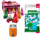 Pack bienestar: MENTOLIN MENTA SUAVE S/A BOLSA 1KG + Vela Perfumada de Frutas Exóticas 510g  + WELL HOME - Caja de Té Joyfull con variedad de sabores
