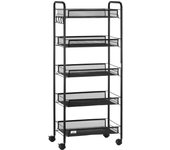 HOMCOM Carrito Auxiliar con Ruedas Carrito de Cocina de 5 Niveles con Cestas de Malla Extraíbles y Marco de Acero para Salón Baño Comedor Oficina 45x26,5x106 cm Negro