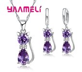 Real 925 Sterling Silver Color Jewelry Sets for Woman Girls Shining Austrian Crystal Cute Cat Pendant Necklace Huggie Earring