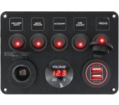 Boat Switch Panel Car Switch Panel Waterproof Digital Voltmeter Dual USB Port 12V Outlet Combination Marine LED Rocker 5 Gang