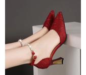 Beads Women's High Heels Heeled Sandals Pointed Toe Woman Luxury Womens Shoes Ladies 2024 Trend Mary Jane Red Pumps