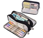 Large Capacity Pencil Case Pencil Pouch Canvas Stationery Bag With 3 Compartments For Students