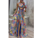 Women's Autumn Long Sleeved Waist Tied Casual Print Slit Dress with Slanted Collar and Off Shoulder Holiday Party Fashion Dress