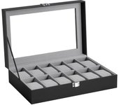 Caja para relojes con 12 compartimentos, tapa de cristal, almohadillas extraíbles, cierre de metal, ideal para regalo, piel sintética negra.