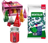Pack bienestar: MENTOLIN EUCALIPTUS S/A BOLSA 1KG + Vela perfumada de frutos rojos + Caja de Té Joyfull con variedad de sabores