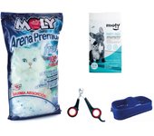 Kit Arena Gel de Sílice para Gatos Moly 7.5 Kilos 17,9 Litros, cortauñas gato, Puppy trainer y Comedero doble