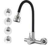 Grifo Cocina Pared Mezclador Monomando Flexible 360° con Pulverizador de Cuatro Función Palanca, Grifo para Fregadero de Cocina con Manguera de Silicona Negra, Acero Inoxidable Cepillado