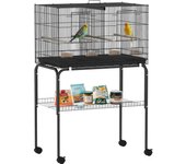 PawHut Jaula para Pájaros con Divisor Jaula con Ruedas para Mascota Aves Loros Canarios Pajarera con Comederos Perchas y Bandeja Extraíble 76x46x116 cm
