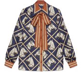 Check Equestrian Print Silk Shirt Women Long Sleeve Blouse Self-tie Bow Tops 2024 Spring Summer Luxury Designer Brand Clothing