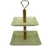WANDERLUST DECO - Tartero de Madera y Cerámica Blanca - Ideal para Servir Tartas - 19 5x19 5x27h Cm