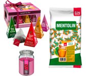 Pack surtido: MENTOLIN MIEL MENTOL S/A BOLSA 1KG + WELL HOME - Vela perfumada de frambuesa + WELL HOME - Caja de Té Joyfull con variedad de sabores