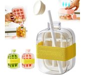 Cubitera, molde para cubitos de hielo sin contacto, vaso para cubitos de hielo, molde de fácil liberación para congelador, bandeja para cubitos de hielo 2 en 1 sin contacto, botella de agua con tapa y recipiente, 500 ml, rosa