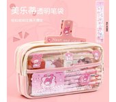 Japanese Cartoon High Appearance Level Cinnamoroll Melody Pen Bag Transparent Three-layer Stationery Bag Kuromi Pencil Case
