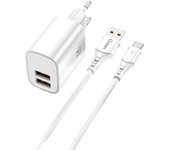 Cargador Qcharx Apolo 2.4A 12W 2 Puertos USB + Cable USB a Tipo C Blanco
