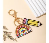 1Pc Fashion Personalized Creativity Teacher Keychain Rainbow Colorful Geometric Shape Pen Shape Teacher Wood Brand Keychain
