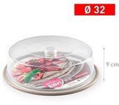CABLEPELADO Portatartas, Recipiente Redondo para Tartas con Tapa Alta, Bandeja Pasteles, Tartera plástico, Recipiente Transporte Comida, 9 cm Altura x 32 cm diámetro, Plástico, Beige