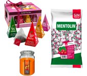 Lote respira: MENTOLIN ARANDANO S/A BOLSA 1KG + Vela Perfumada de Frutas Exóticas 510g  + WELL HOME - Caja de Té Joyfull con variedad de sabores
