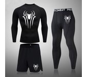 Super Spider Men's Printed Compression Set Long Sleeve Gym Top + Fitness Pants + Athletic Shorts Quick Drying Rash Guard Set