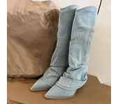 Women Pleats Blue Denim Thigh High Boots Autumn New Thick Heeled Pointed Toe Cowboy Boots Woman Slip On Western Long Boots