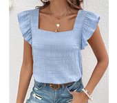 Women T Shirt Plus Size Pleated Top Flying Sleeve Vest  Boat Neck Blouse Casual Loose Autumn Summer 42 44 46