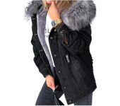 Chaqueta vaquera de piel sintética con capucha para mujer, de manga larga deshilachado abrigo grueso, Invierno