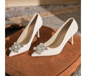 [Sheepskin] French High Heels Women's Stiletto Heel 2024 New Versatile Pointed Shallow Mouth Rhinestone Shoes
